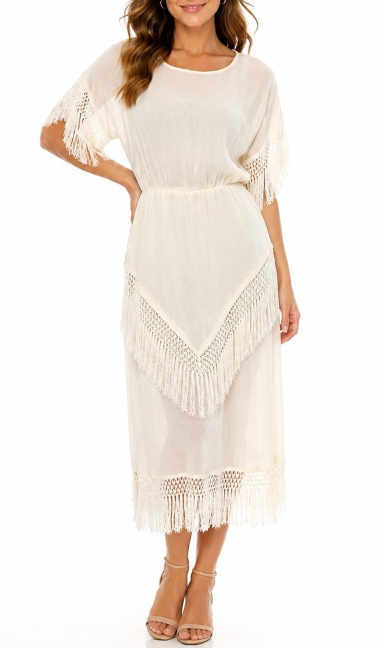 Casadei Dress Midi Cream Ivory Lace Fringe Trim Short Sleeve Round Neck Knit 4 S